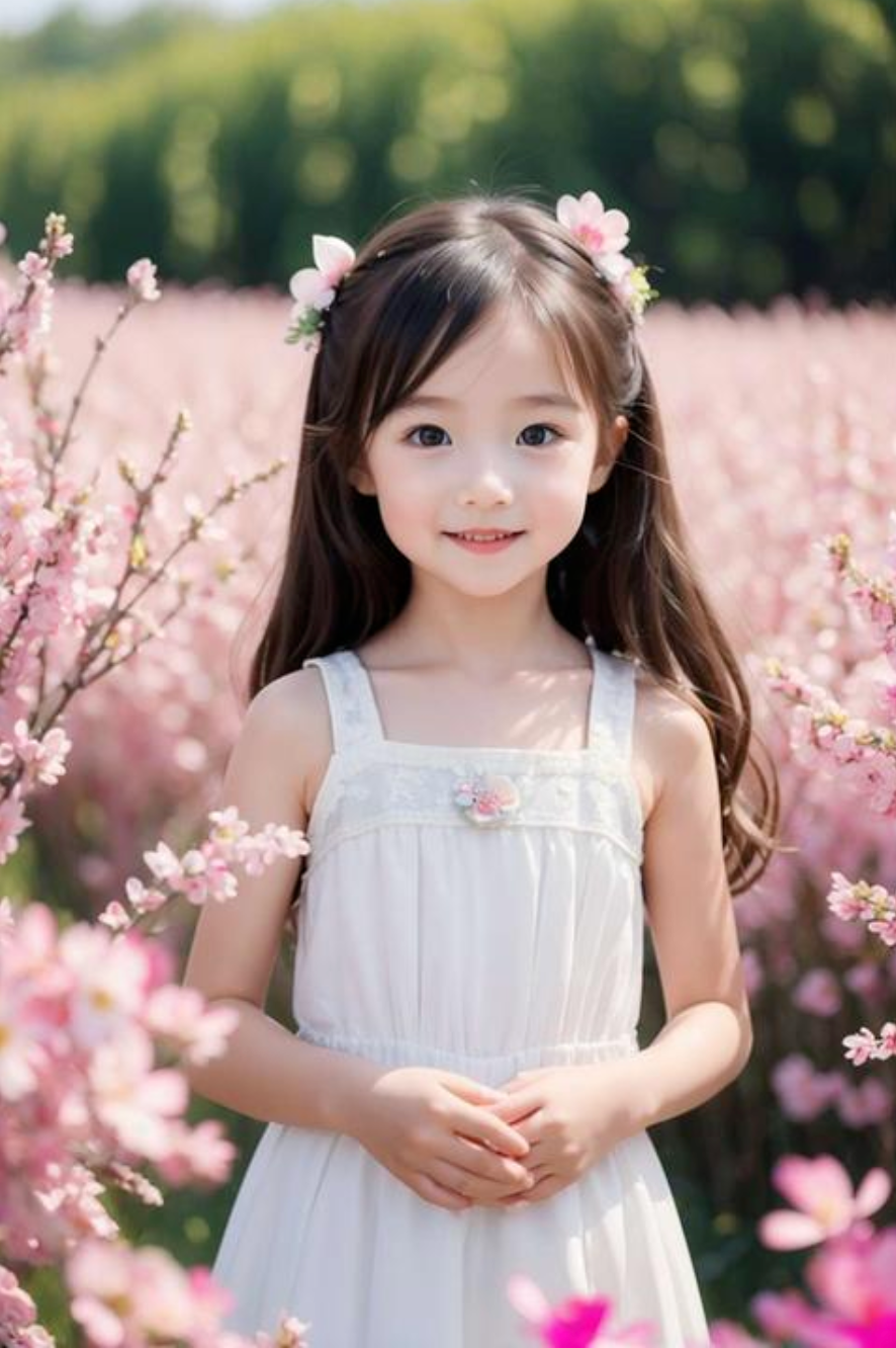Modern photo of a girl in pink dress with flowers